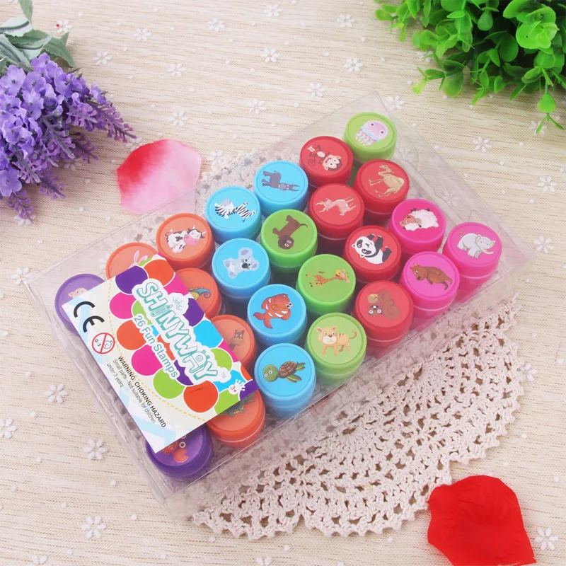 26pcs/box Cute Cartoon Pvc Stamps Toys Animal/letters Shape Self