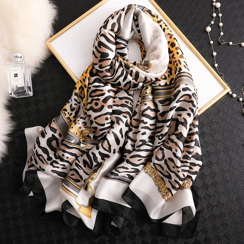 Персональный шелковый шарф с леопардовым принтом, женские роскошные брендовые шали и палантины, высококачественные зимние шарфы для шеи, большой платок из пашмины - Цвет: FS442-2