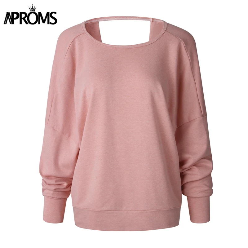 Aproms, одноцветная футболка с длинным рукавом, Женская мода, открытая спина, крест-накрест, свободная футболка, осенняя уличная одежда, повседневные топы, футболки