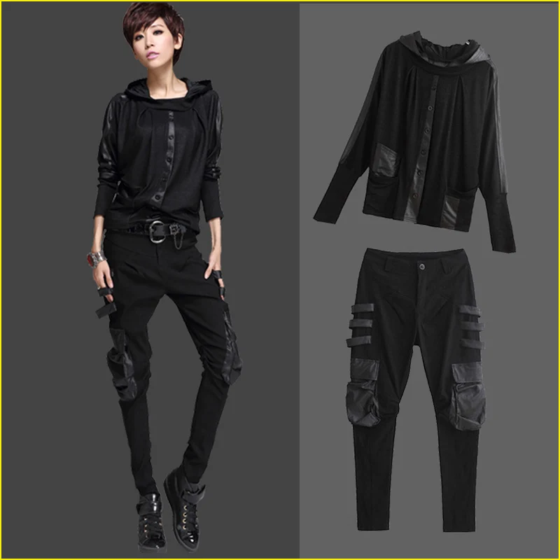 

New Women Sprint Sweatshirt Hoodies Botton Patchwork TShirt Tops Washed Pockets Pants 2Piece Set Ladies Personality Matching Set