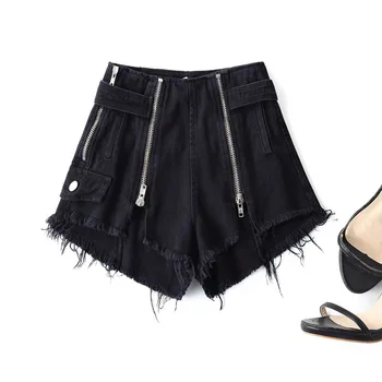 

YuooMuoo 2019 Causal Summer Black Two Fake Zippers Shorts Women Hot Sale Vintage Fur-Lined Sexy Button Denim Short Jeans Pants
