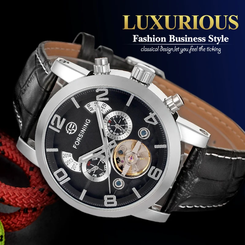 FORSINING Брендовые мужские модные автоматические часы Tourbillon с кожаным ремешком