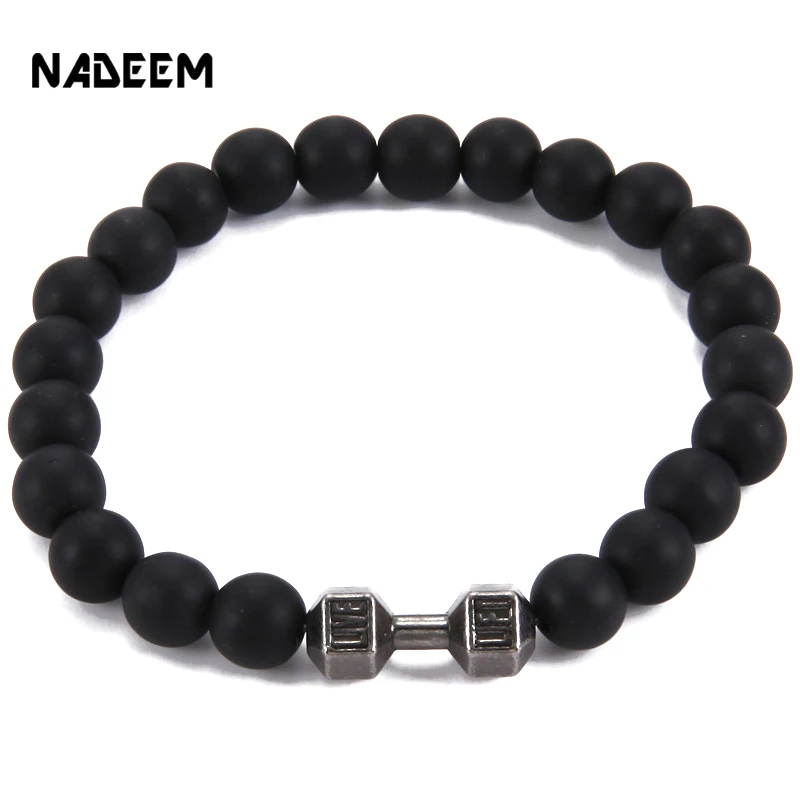

Hot Powerful Mens Gift Alloy Metal Barbell with 8MM Lava Rock Stone Bead Fitness Fit Life Dumbbell Elastic Bracelets ND3561