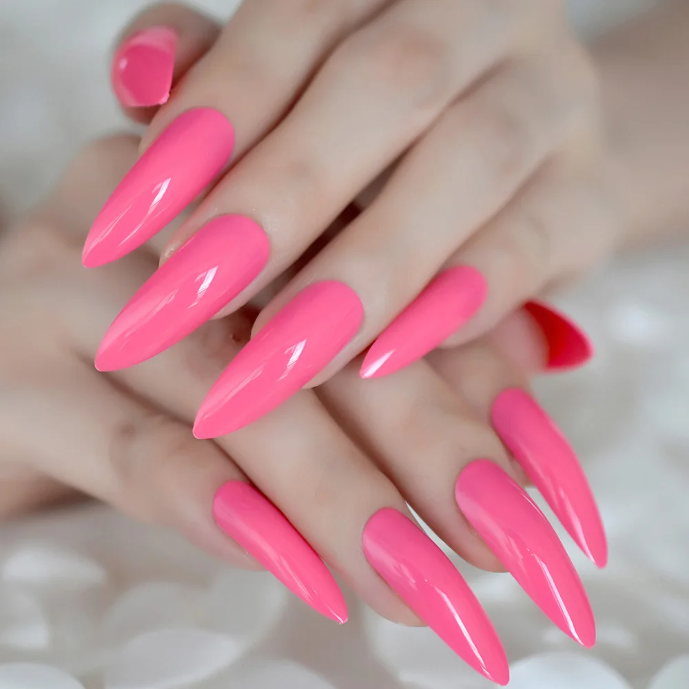 Ярко-розовые удлиненные накладные ногти на шпильках овальные остроконечные шпильки поддельные ногти розовый красный УФ гель маникюр искусственные ногти салон