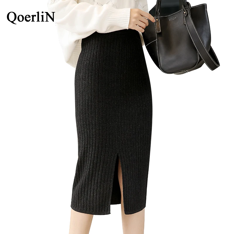 QoerliN Black Knitting Skirts Split High Elastic Waist Knee Length ...
