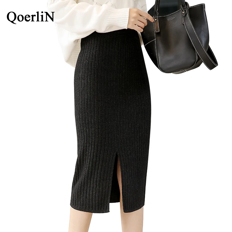 QoerliN Black Knitting Skirts Split High Elastic Waist Knee Length