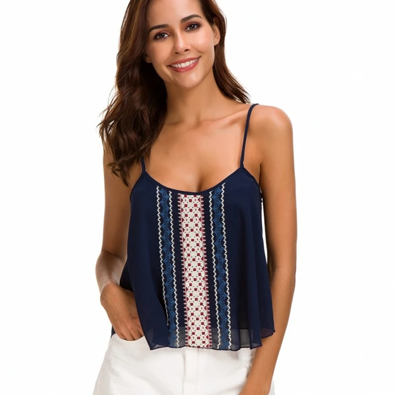 New Summer Women Camis Chiffon Shirt Spaghetti Strap Embroidery Sexy T ...