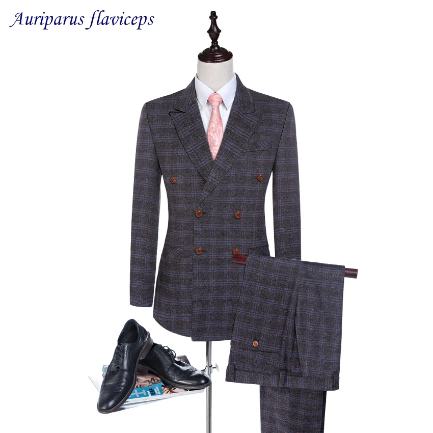 

New Arrival Groom Tuxedos Glen Plaid Double Breasted Man Clothes 2019 Man Suits High Quality Wool Suits (Jacket+pants)