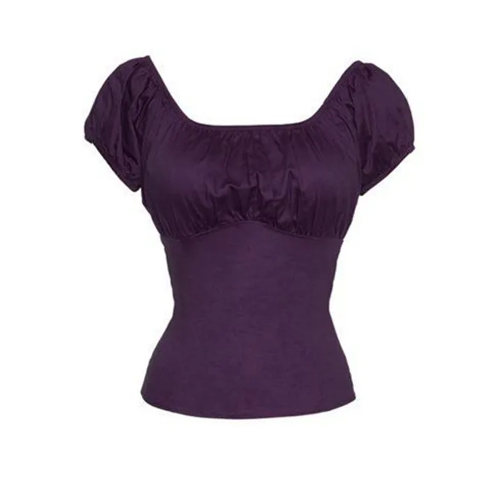 30-лето Женщины старинные 50 s pinup Peasant Top в фиолетовый Большие размеры Футболка camiseta mujer с пышными рукавами Лодка шеи готический Топы