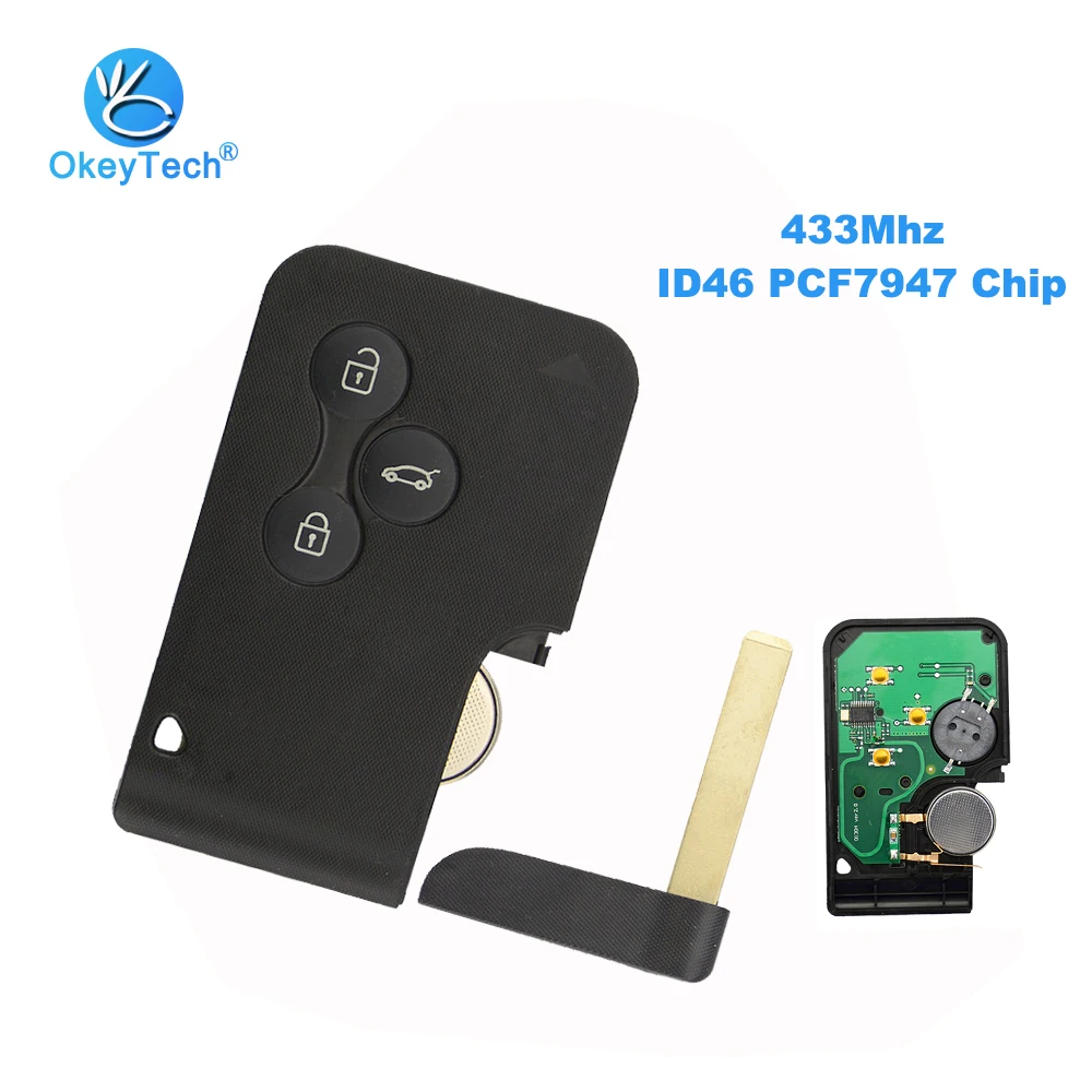 

OkeyTech 3 Button 433mhz ID46 PCF7947 Chip with Insert Blade Remote Control Smart Key Card for Renault Megane Scenic 2003-2008
