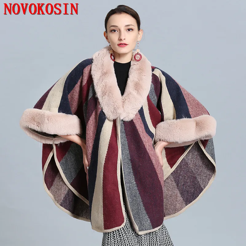 

2019 Winter New Large Size 210cm Women's Knitted Cardigan Faux Fox Fur Cape Fashion Striped Ladies Poncho With Fur Sleeves