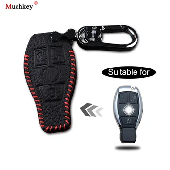 

Leather Remote Case Car Key Bag Cover for BENZ 3 Buttons Smart Key Luxury Genuine Hand Sew Red Line 1PC Type C