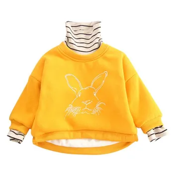 

DFXD 2018 New Winter Korean Toddler Girls Long Sleeve Cartoon Rabbit Print Striped Spliced Plus Velvet Thick Pullover Swaetshirt
