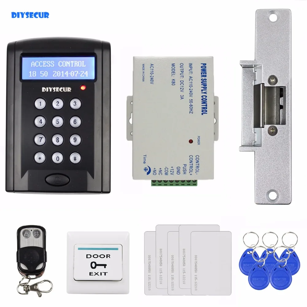 

DIYSECUR Remote Control 125KHz RFID ID Card Reader Password Access Control Security System Kit + Strike Lock New