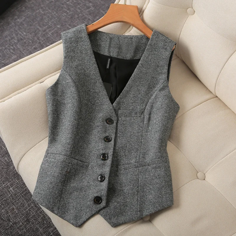 Pour D'affaires V Taille Nouveau Mince Ladys 2019 Travail Femmes Automne Plus Bureau La brown Vêtements Sans grey Plaid Manche Gilet Black Printemps De cou qw0xdfaxXv