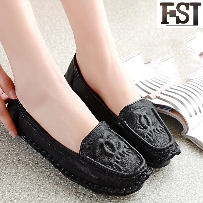 

FSJ Genuine Leather Ladies Flats Black Cow Leather Solid Round Toe Synthetic Slip-On Spring/Autumn Casual Shoes For Womens
