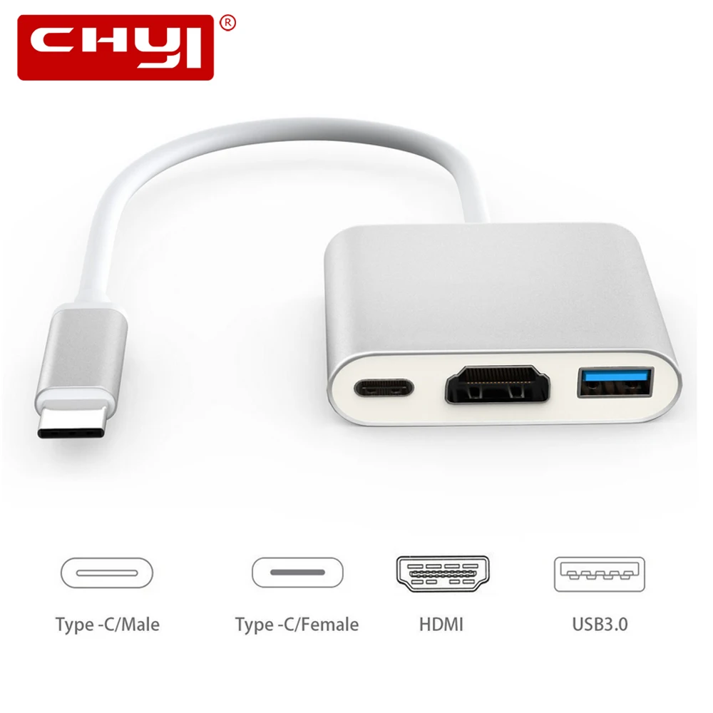 

CHYI USB Type-C HUB USB-C To HDMI/VGA 4K*2K 1080P UHD With 1 Port USB3.0 Type C Power Delivery Splitter Adapter For PC Macbook