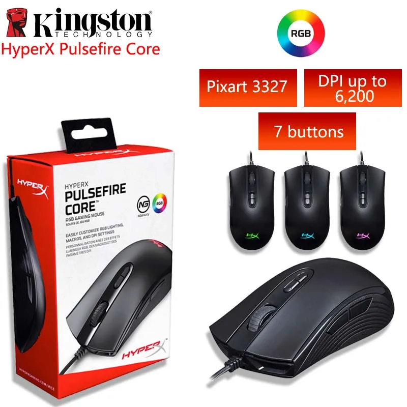 

Kingston Gaming Mouse HyperX Pulsefire Core RGB up to 6200 DPI Professional Lightweight Mice for PC Laptop Wired Mouse USB