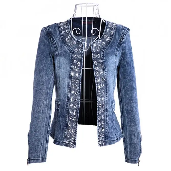 

2019 Autumn New Women's Large Size Denim Water Diamond Sequins Long Sleeve Denim Jacket S-4XL