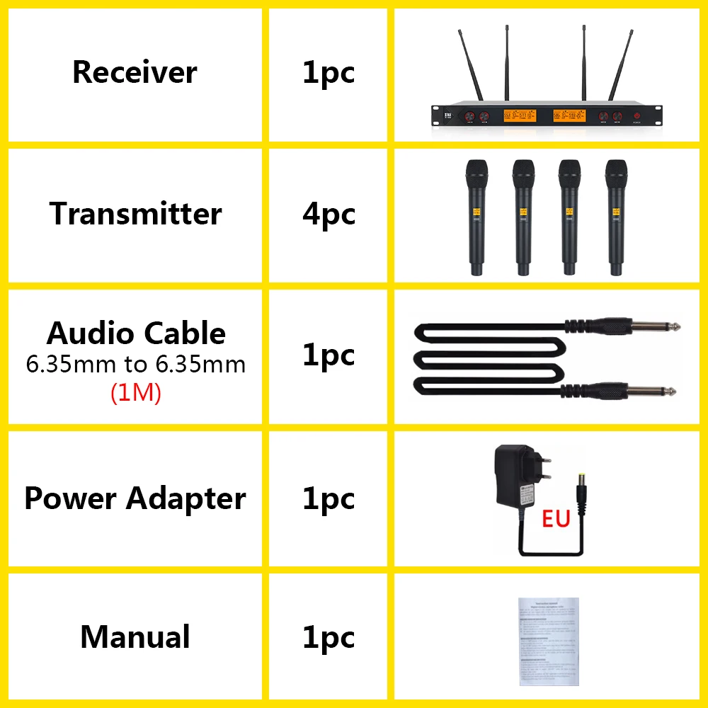 XTUGA A-400 Metal Material 4-Channel UHF Wireless Microphone System with 4 Hand-held for Stage Church Family Party Small Karaoke