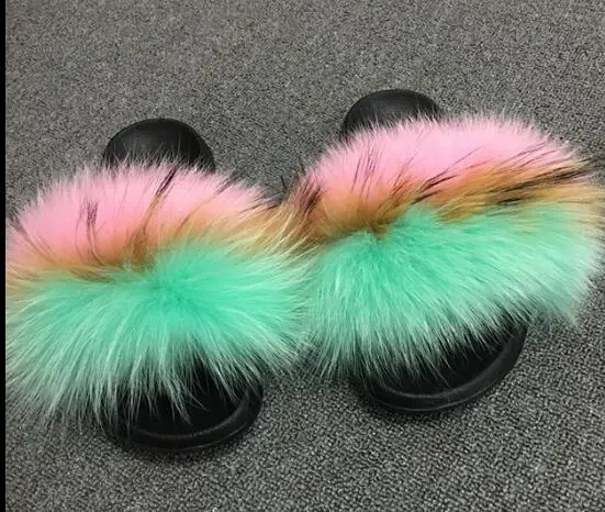 New Mixed Color Real Fox Fur Slippers Slides Casual Shoes Fluffy Slippers Flip Flops Furry Shoes Women - Цвет: see as pic