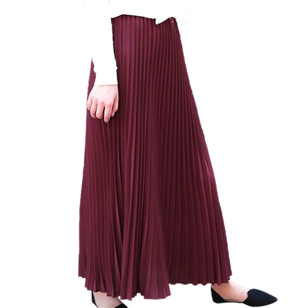 Весенняя женская длинная юбка, модная женская однотонная плиссированная элегантная юбка средней длины с эластичной талией, юбка макси, Faldas Mujer, юбка с подолом Z044 - Цвет: Red