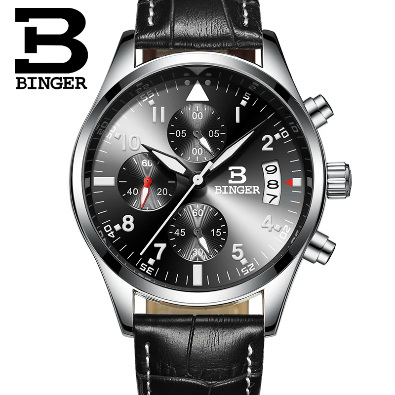 Спортивные часы Бингер с хронографом и функцией 24 часов, Роскошные мужские часы из кожи черного цвета, мужские часы от ведущего бренда, военные часы, мужские часы