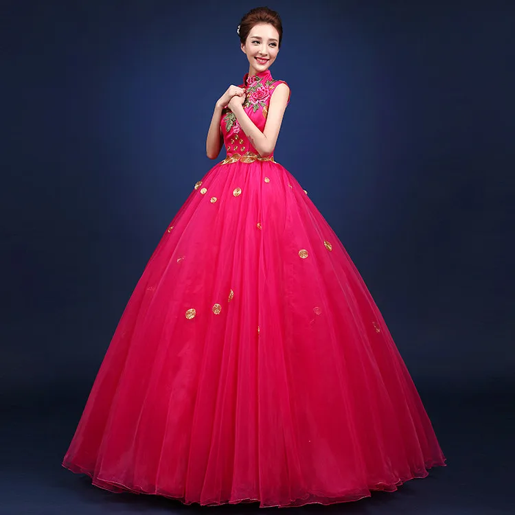 Китайский Стиль красный рукавов Стенд Цветы Вышивка платья певица Производительность вечерние хост костюмы