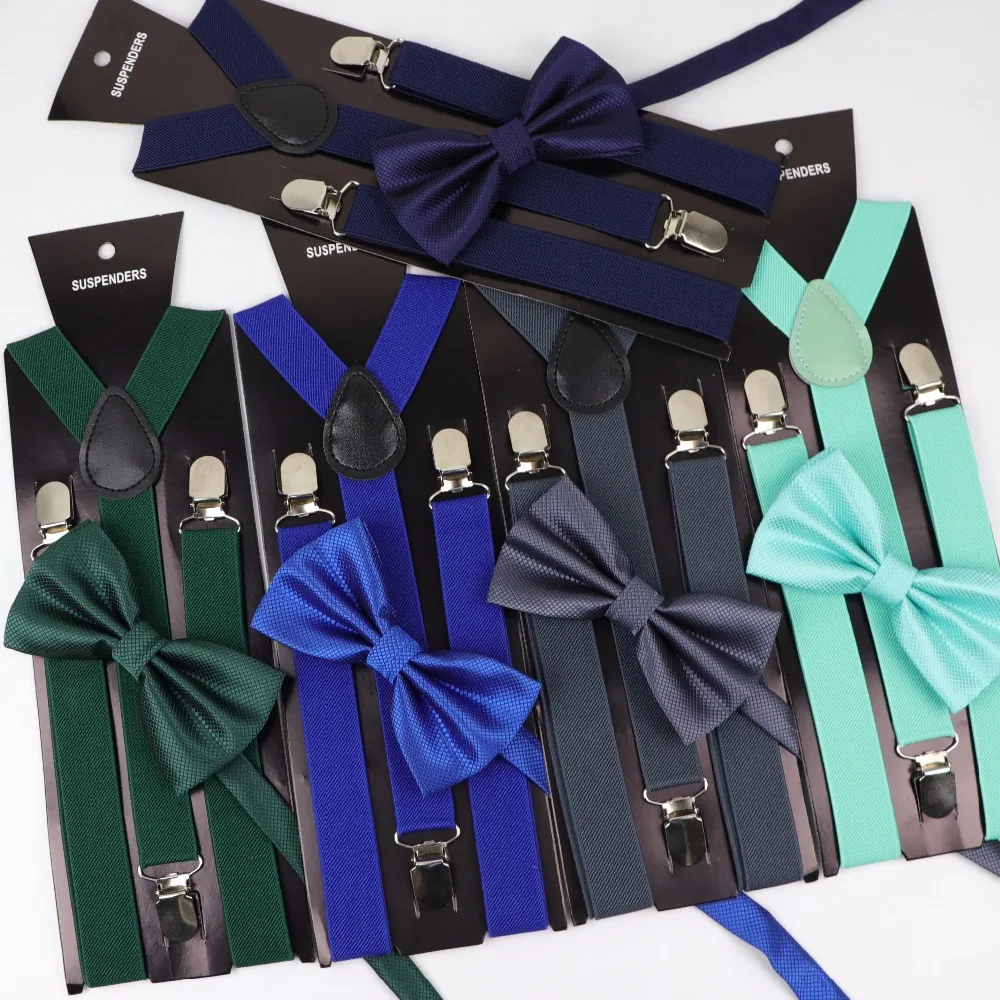 Soild Color Man Polyester Belt Bow Tie Set Woman Men's Suspenders Butterfly Clip-on Y-Back Braces Elastic Women Adjustable