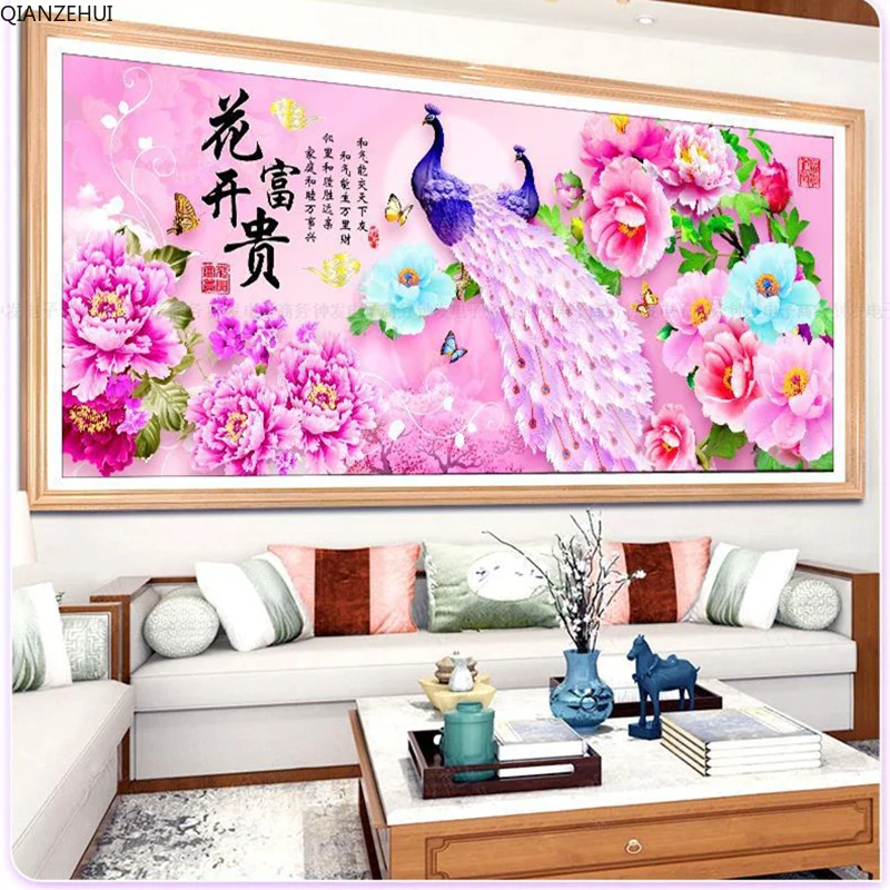 

QIANZEHUI,Needlework,100% precision printing DIY Peacock peony flower landscape full embroidery cross stitch,Wall Home Decro