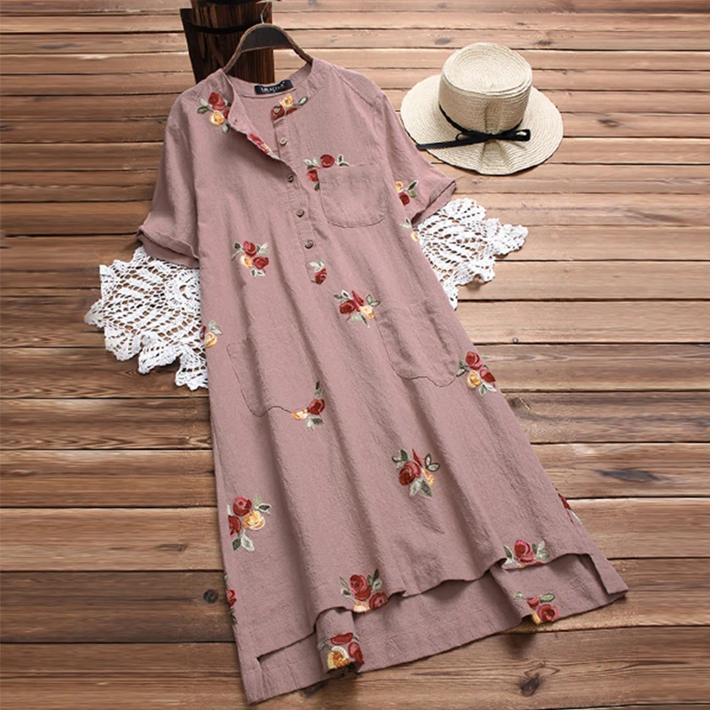 Винтажное длинное женское платье-рубашка с вышивкой, женское льняное платье размера плюс, вечерние Блузы с коротким рукавом - Цвет: Cameo