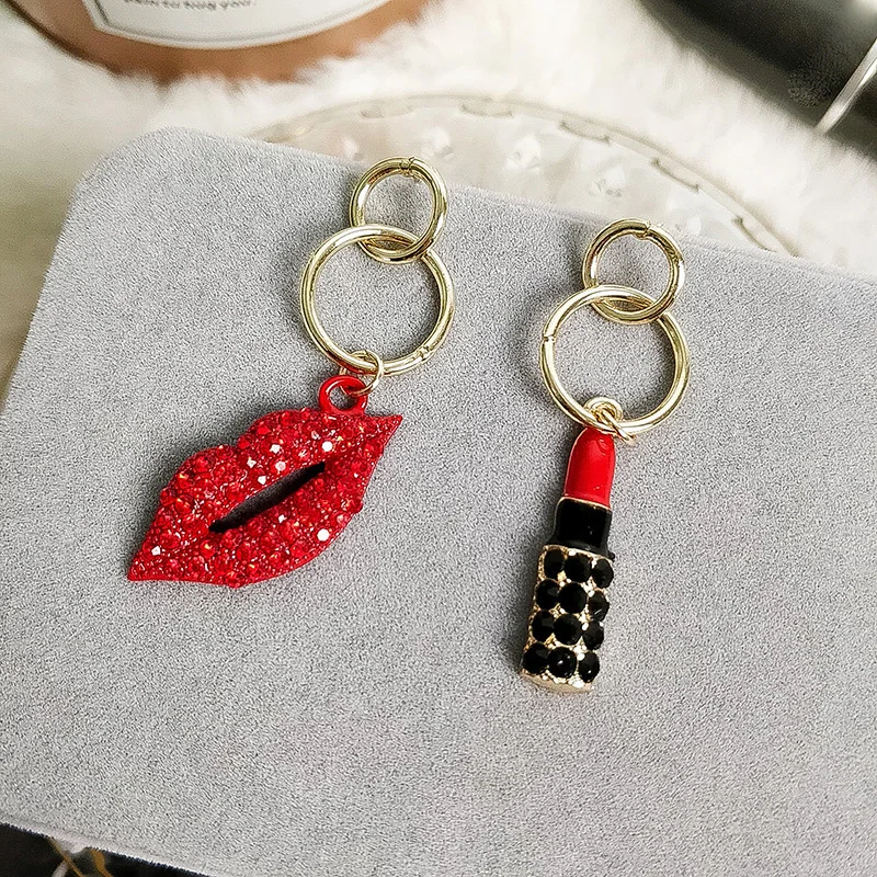 Fashion Asymmetric Sexy Red Lip Earrings Rhinestones Mouth Lipstick Gold s925 Needle Luxury Women Tassel Long Korean Jewelry J34