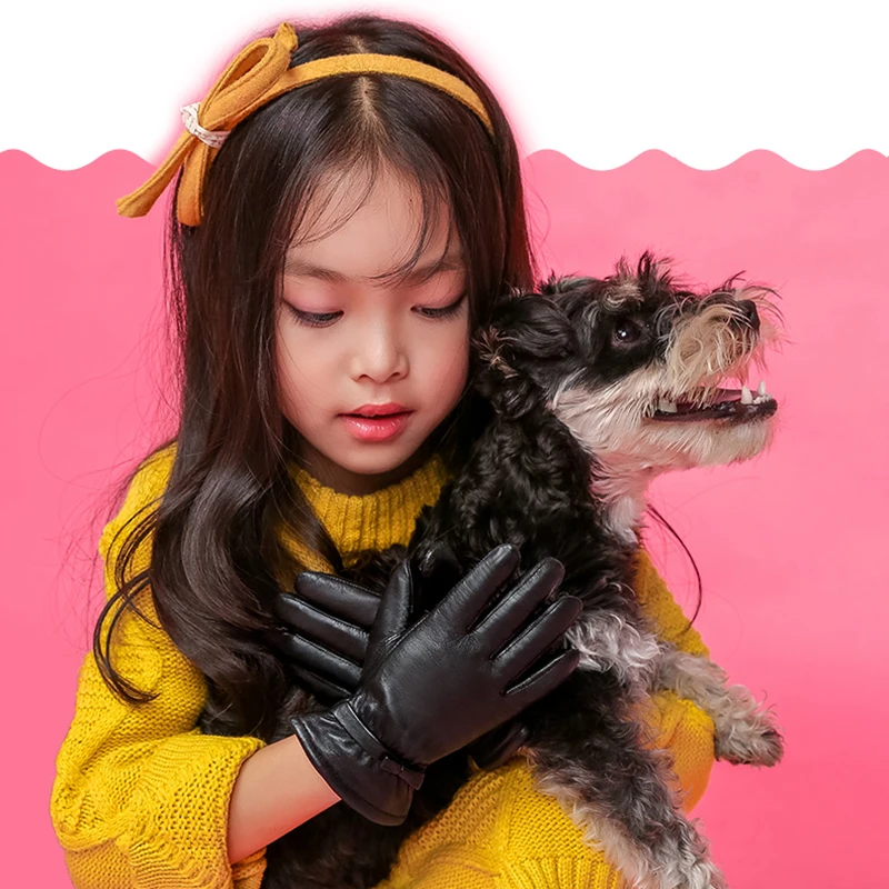 BOOUNI Genuine Leather Children Gloves Autumn Winter Warm Velvet Lined Kids Girls Sheepskin Gloves Five Fingers NW103