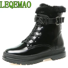 

New 2018 Patent Leather Women Boots Lace Up Martin Boots Women Ankle Fur Boots Brand Winter warm Women Shoes