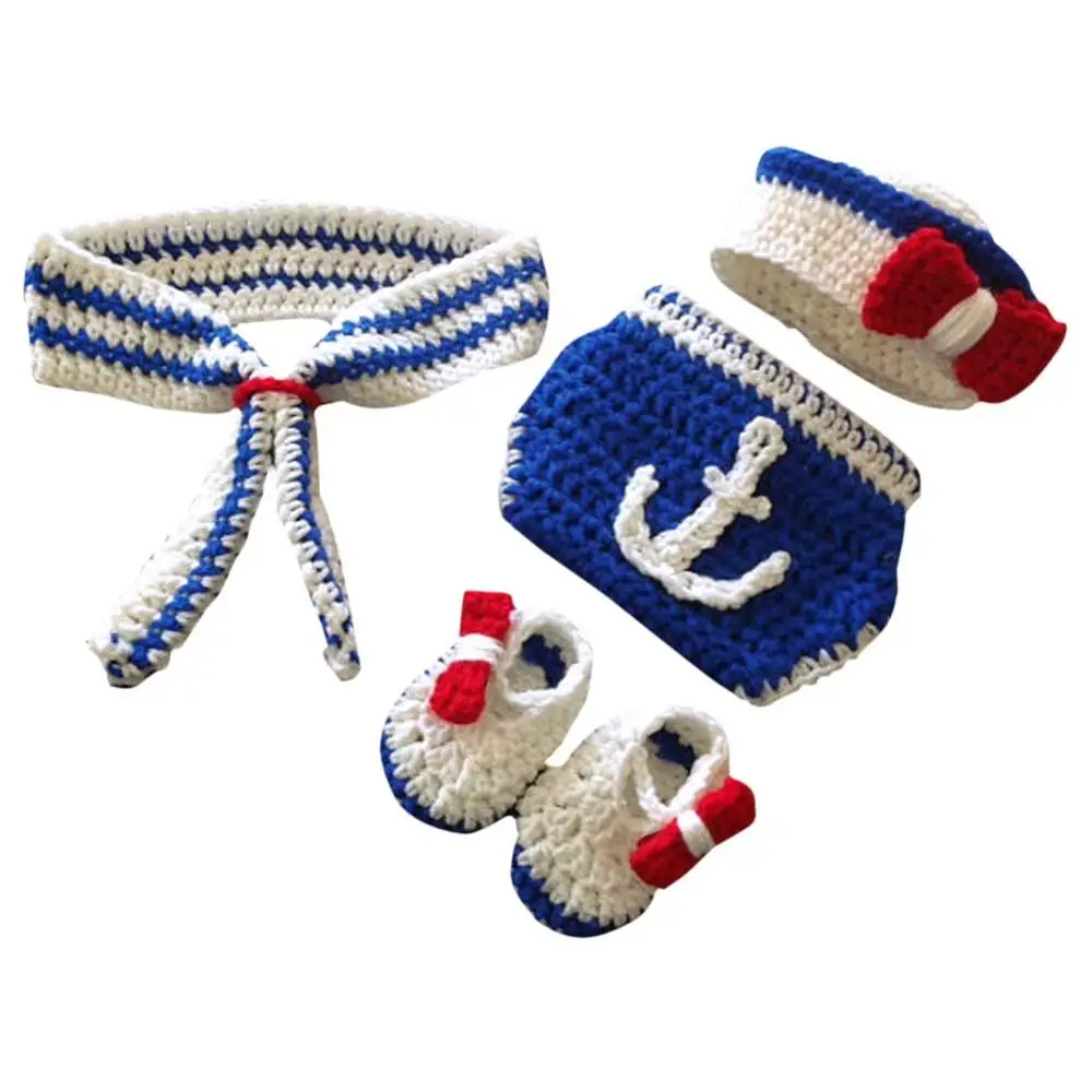 Новорожденный Фото Опора в морском стиле для малышей вязаная крючком для девочек, для мальчиков, вязаный костюм ручной работы шляпа+ туфли+ брюки+ шарф, 4 шт./компл. наряд на возраст 0-4 м - Цвет: 3 Month