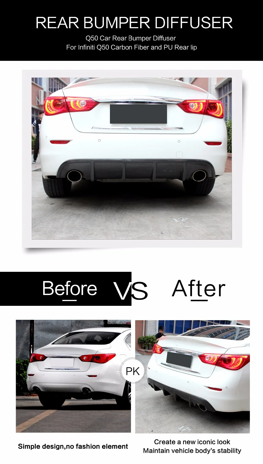 Q50 углеродное волокно добавить на Автомобильный задний бампер диффузор спойлер для Infiniti Q50 Q50S Седан 4 двери стандартный спорт 2013