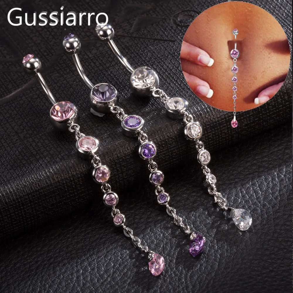 Gussiarro 2019 Dangle White Gold-Color Navel Clear Pink Purple Cubic Zirconia Ring Chain Percing Belly Button Rings Body Jewelry | Украшения