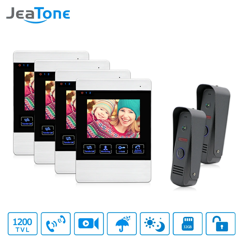 JeaTone Video Door Phone Wired 4\ Dual Communication Doorbell Monitor IR Night Vision Camera Video Intercom Home Unit 1200TVL