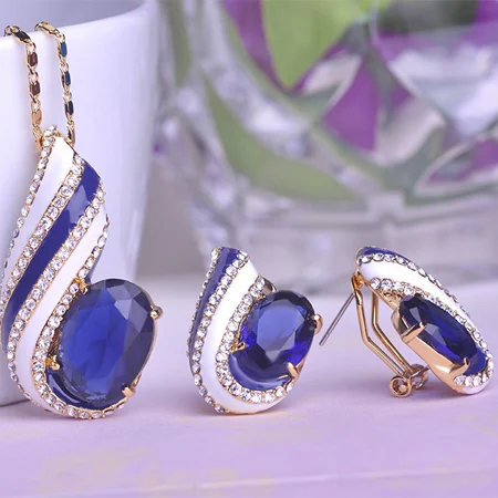 Valentine s Gift Sapphire Dubai Jewellery Sets Ceramic Thread Thin Necklace Pingente Max Brincos Rhinestone Prong