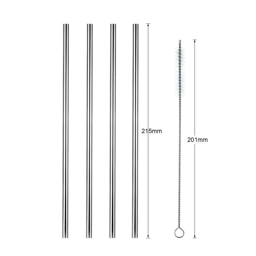 8.5" Stainless Steel Straws Reusable Metal Straws 4 Straight Straws with a Cleaning Brush