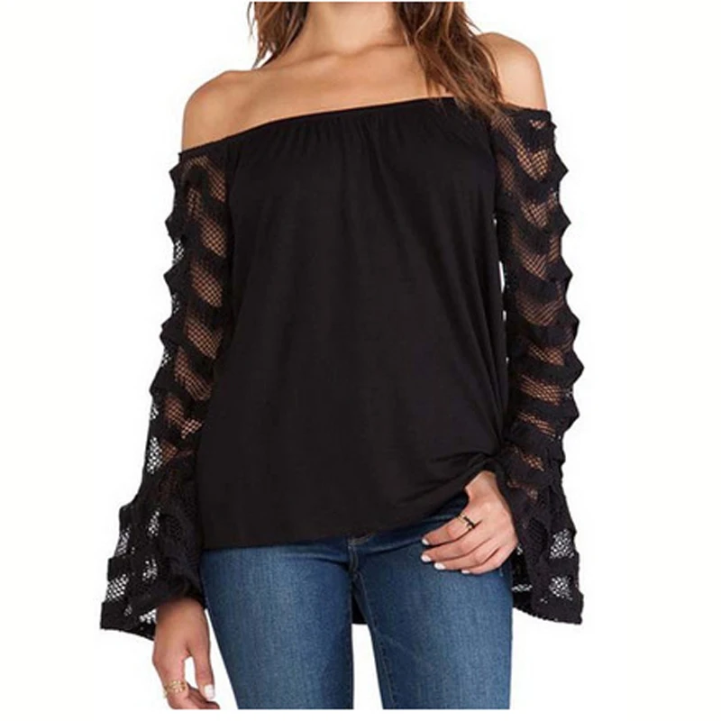 

women blouse summer sexy strapless chiffon shirt lace shirt black Long Sleeve blusa women tops elegant plus size XS-5XL DL2426