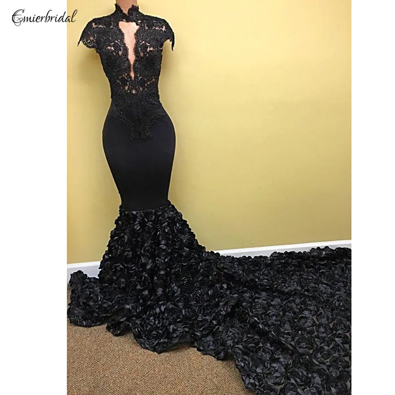 Black Lace Mermaid Prom Dresses Tinggi Leher Jauh Terjun 