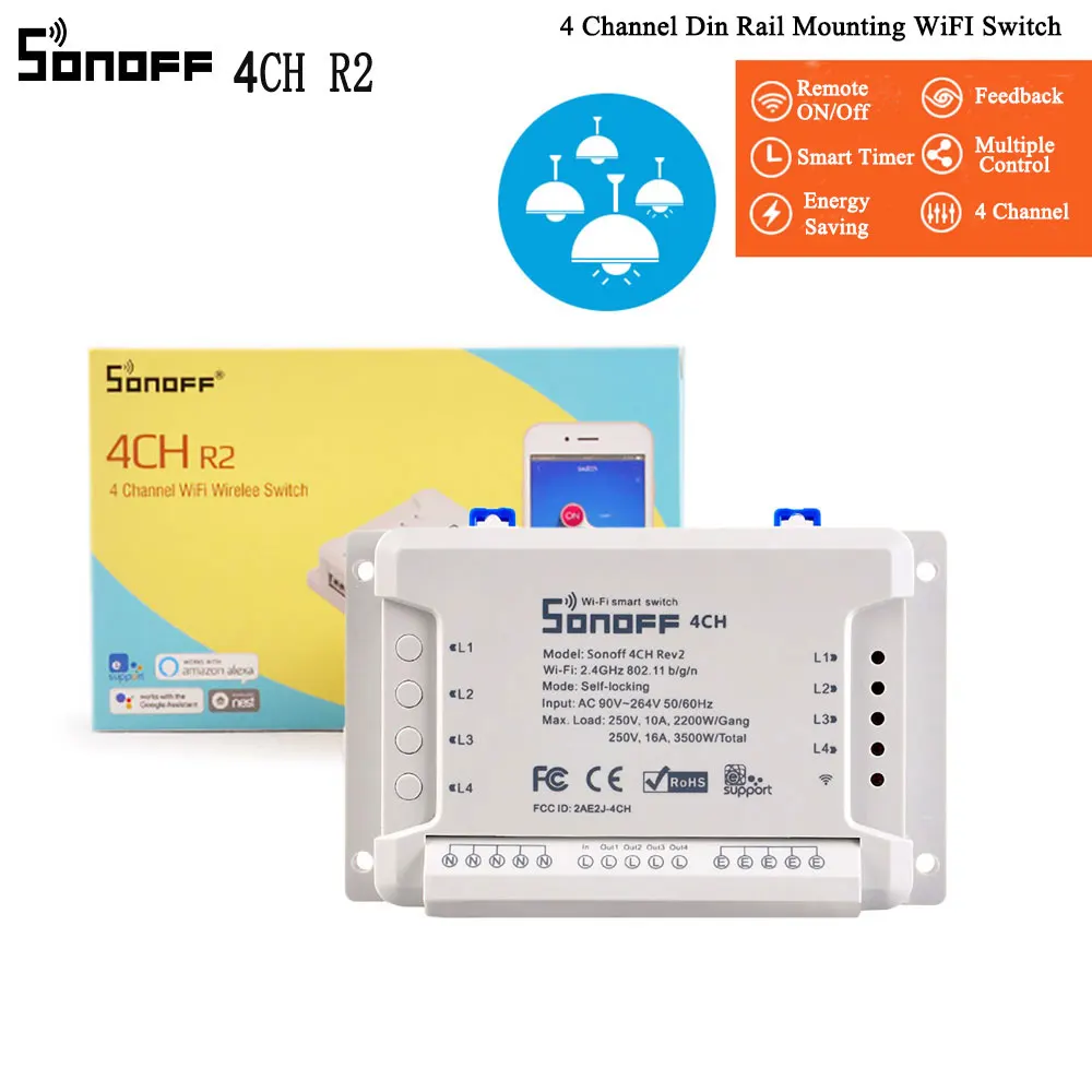 

mart WIFI Switch Sonoff 4CH 4-Gang 4 way wireless Switches Din Rail Mounting Home Automation on/off remote control 10A/2200W
