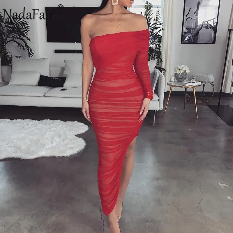 

Nadafair One Shoulder Midi Mesh Dress Women Draped Club Bodycon Party Dress Summer Vestidos Ruched Split Sexy Long Dress Red