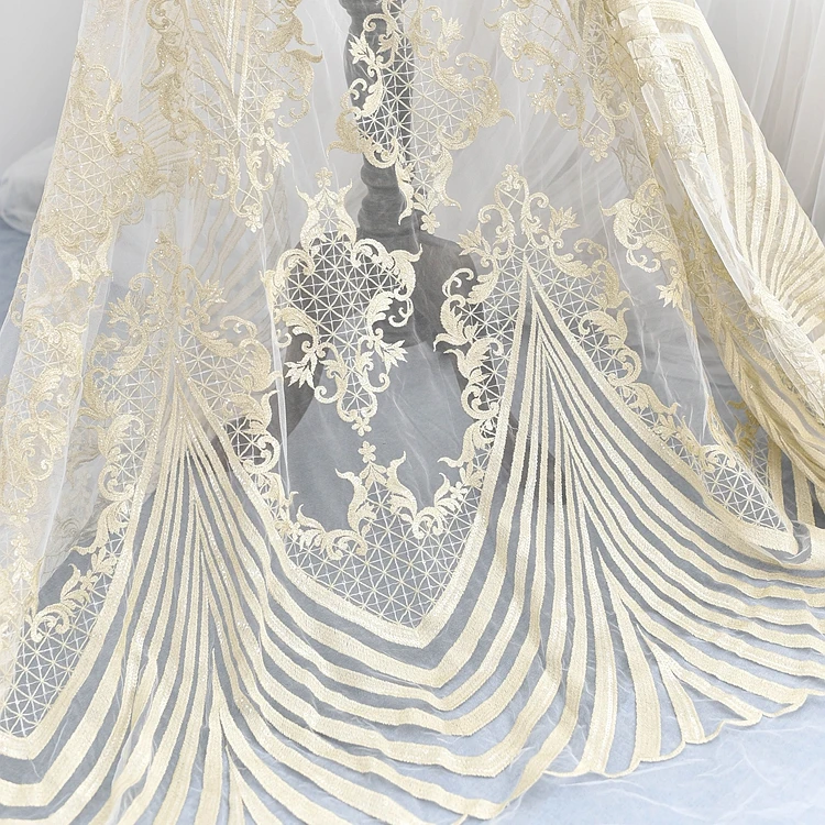 light gold lace mesh embroidery lace fabric Wedding Dress ...