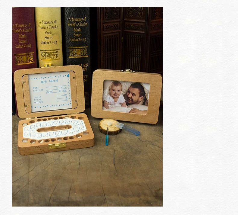 Photo Frame Baby Tooth Box Organizer Wood Kids Teeth Storage Box Save Lanugo Collect First Tooth for Boy Girl Announcement Gift