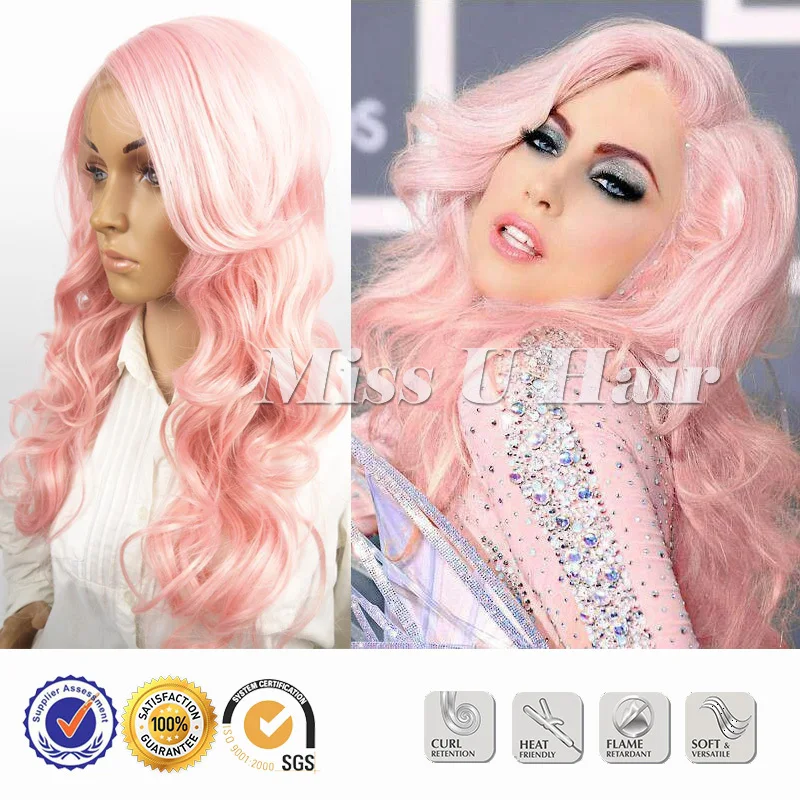 Light Pink Wig Long Pink Curly Wig Ladygaga Curly Wave Pink Lace