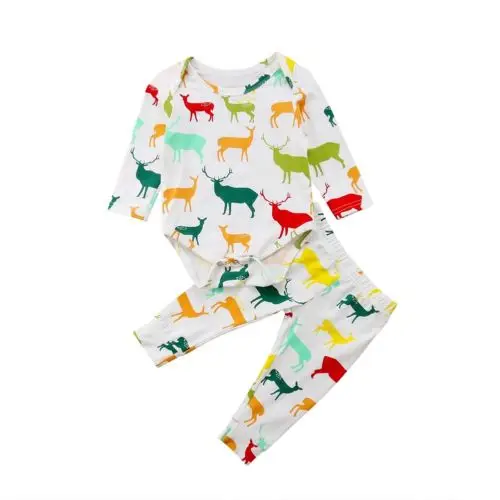

2Pcs Christmas Newborn Baby Boy Girl Clothes Cotton Elk Tops Romper Pants Outfits Clothes 0-18M