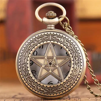 

Fashion Five-pointed Star Necklace Pocket Watch Mens Womens Bronze Pendant Quartz Clock Copper Hollow Analog Relojes de bolsillo