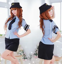 Sexy Lingerie Club Cosplay Policewoman Uniform Hat Blue Shirt Black Skirt Set Women Night Underwear Set 2017 Hot Babydoll